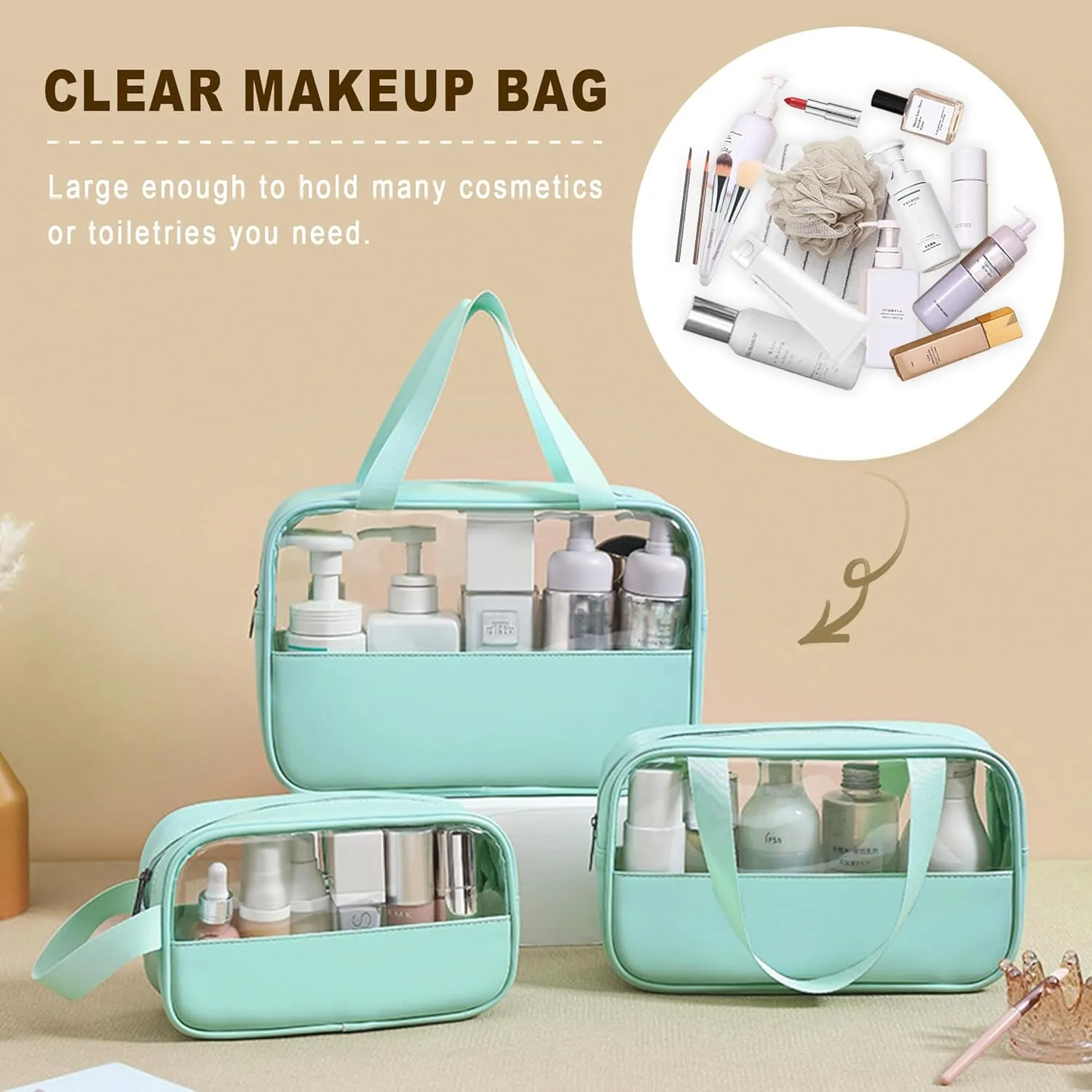 Clear Makeup Bag, 3 Pcs of Cosmetic Bags Set, Transparent PVC Travel Makeup Pouch, Waterproof Cute Toiletry Bag for Women (Mint Green)