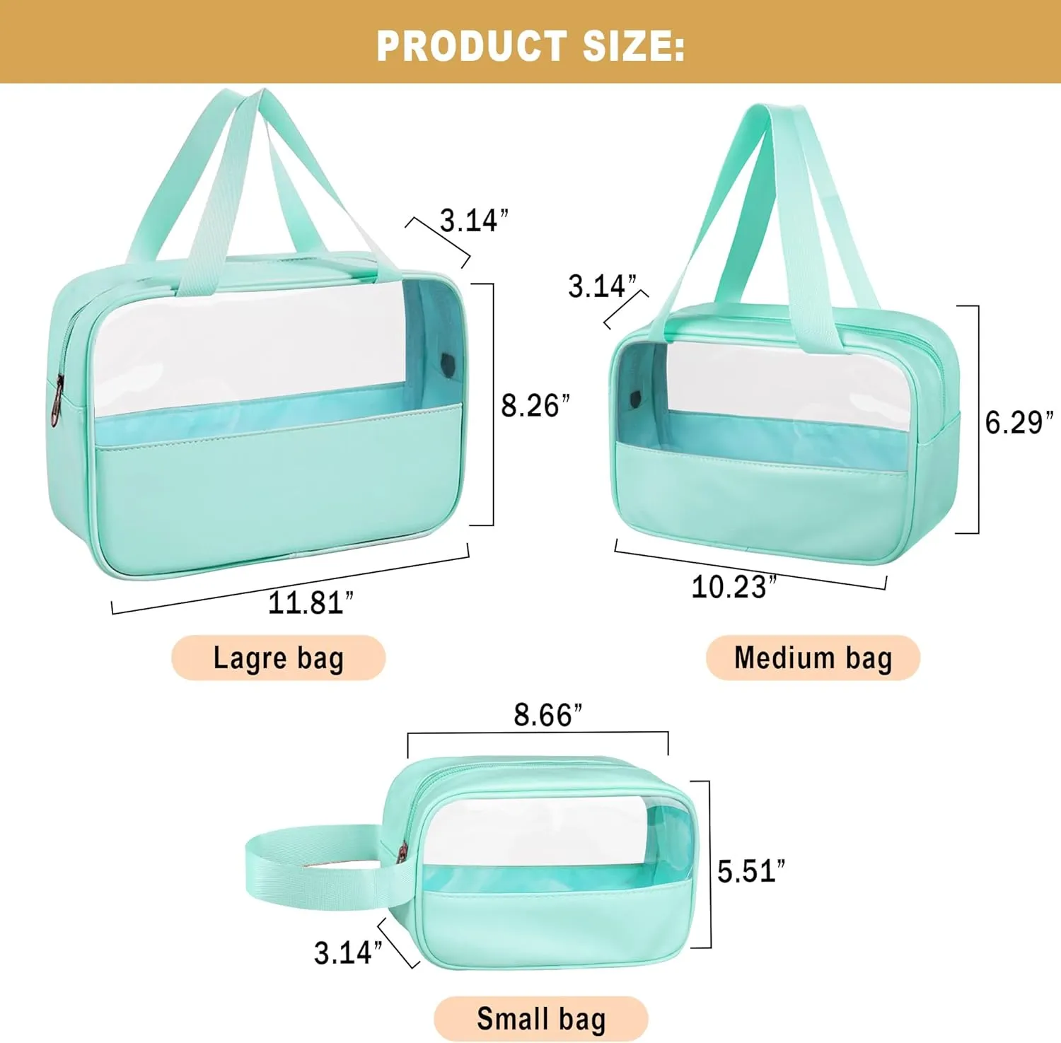 Clear Makeup Bag, 3 Pcs of Cosmetic Bags Set, Transparent PVC Travel Makeup Pouch, Waterproof Cute Toiletry Bag for Women (Mint Green)