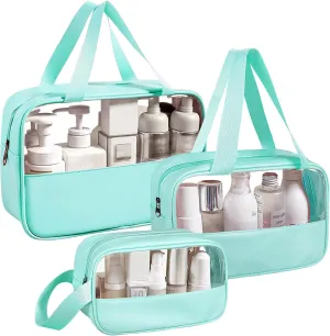 Clear Makeup Bag, 3 Pcs of Cosmetic Bags Set, Transparent PVC Travel Makeup Pouch, Waterproof Cute Toiletry Bag for Women (Mint Green)
