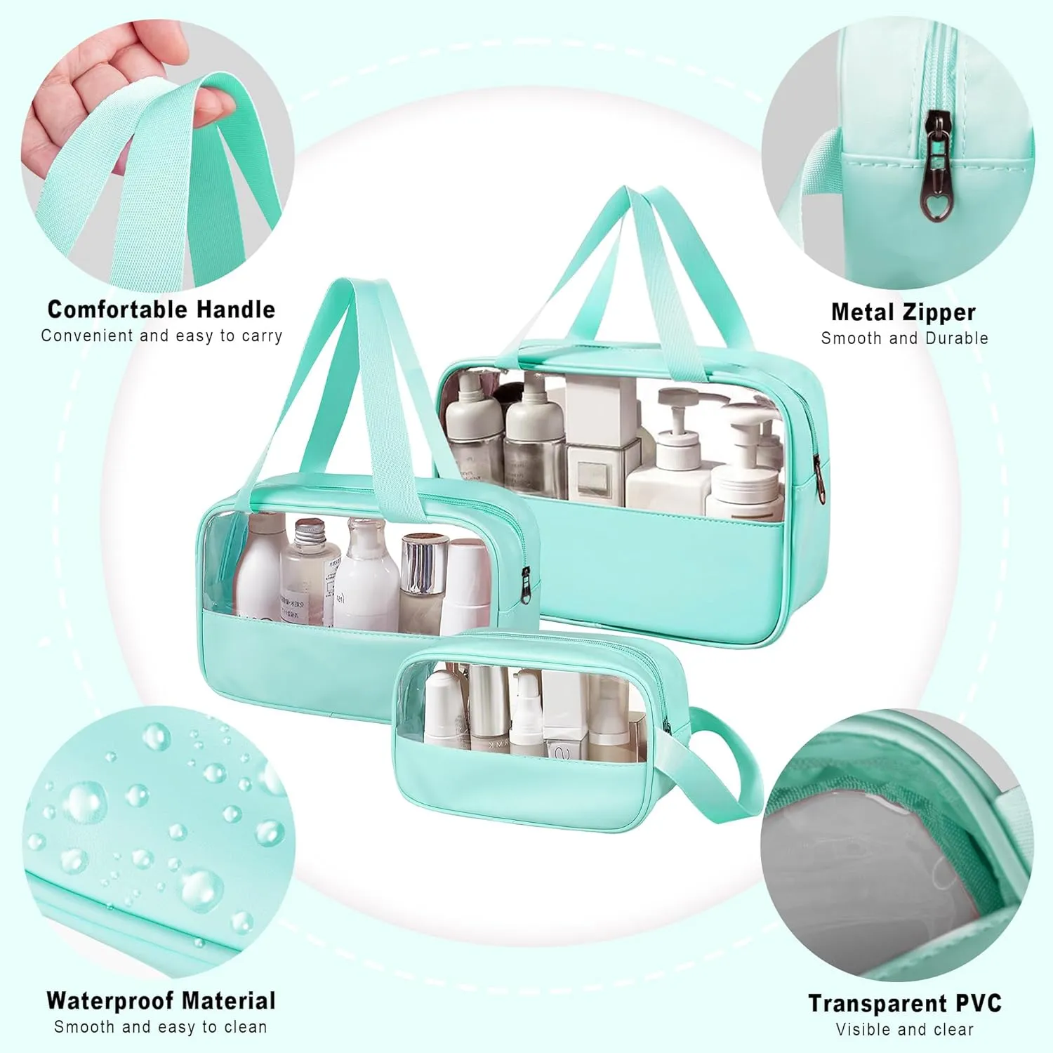 Clear Makeup Bag, 3 Pcs of Cosmetic Bags Set, Transparent PVC Travel Makeup Pouch, Waterproof Cute Toiletry Bag for Women (Mint Green)