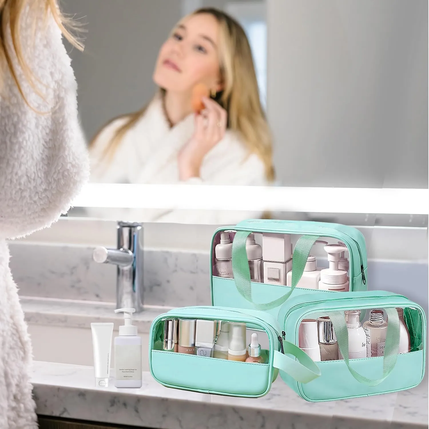 Clear Makeup Bag, 3 Pcs of Cosmetic Bags Set, Transparent PVC Travel Makeup Pouch, Waterproof Cute Toiletry Bag for Women (Mint Green)
