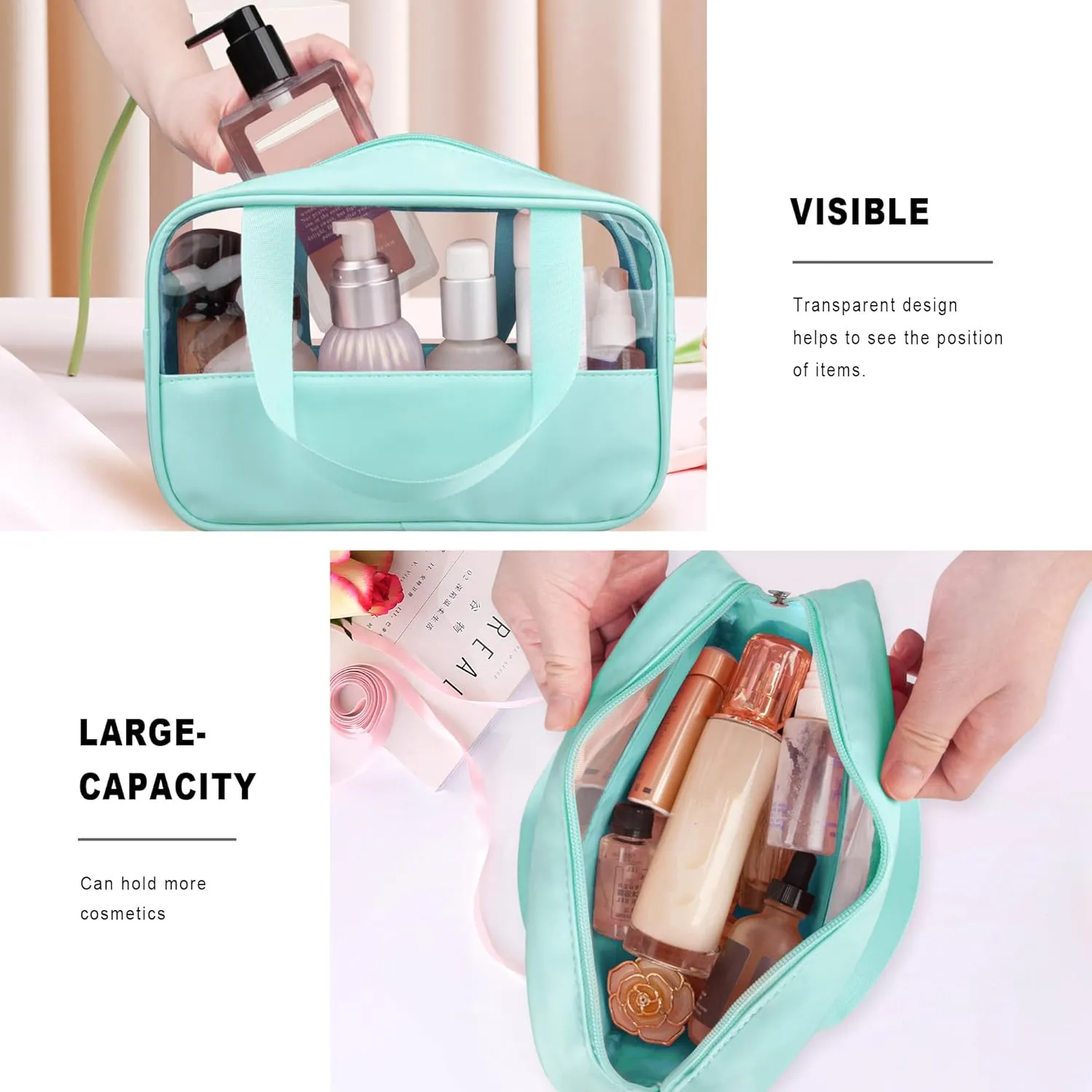 Clear Makeup Bag, 3 Pcs of Cosmetic Bags Set, Transparent PVC Travel Makeup Pouch, Waterproof Cute Toiletry Bag for Women (Mint Green)