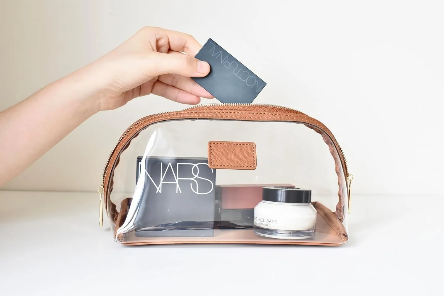Clear Makeup Bag, Leather Makeup Case, Travel Toiletry Bag, Portable Cosmetic Bag, Transparent Waterproof Cosmetic Organizer Storage Bag (Brown, Large)