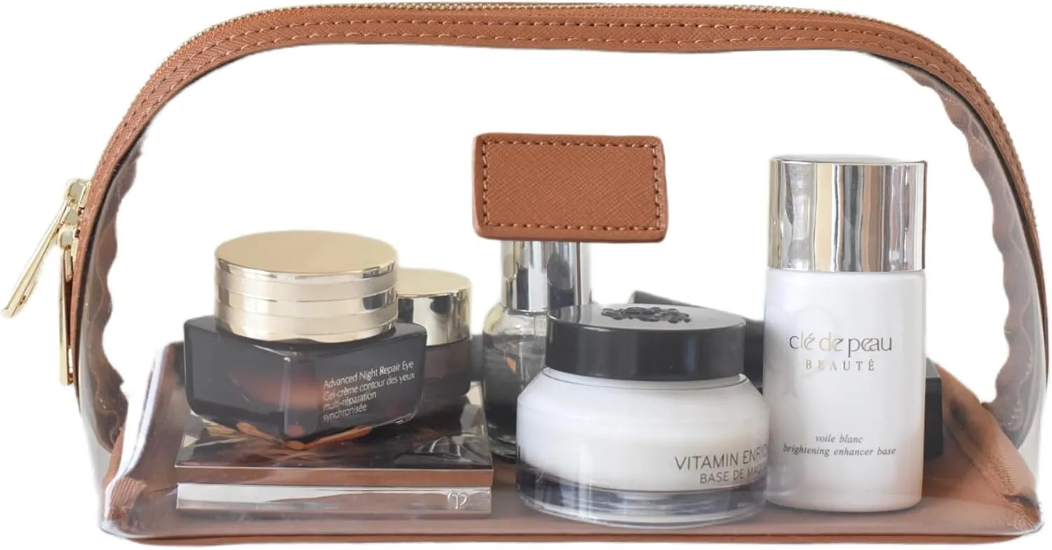 Clear Makeup Bag, Leather Makeup Case, Travel Toiletry Bag, Portable Cosmetic Bag, Transparent Waterproof Cosmetic Organizer Storage Bag (Brown, Large)
