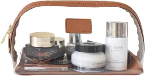 Clear Makeup Bag, Leather Makeup Case, Travel Toiletry Bag, Portable Cosmetic Bag, Transparent Waterproof Cosmetic Organizer Storage Bag (Brown, Large)