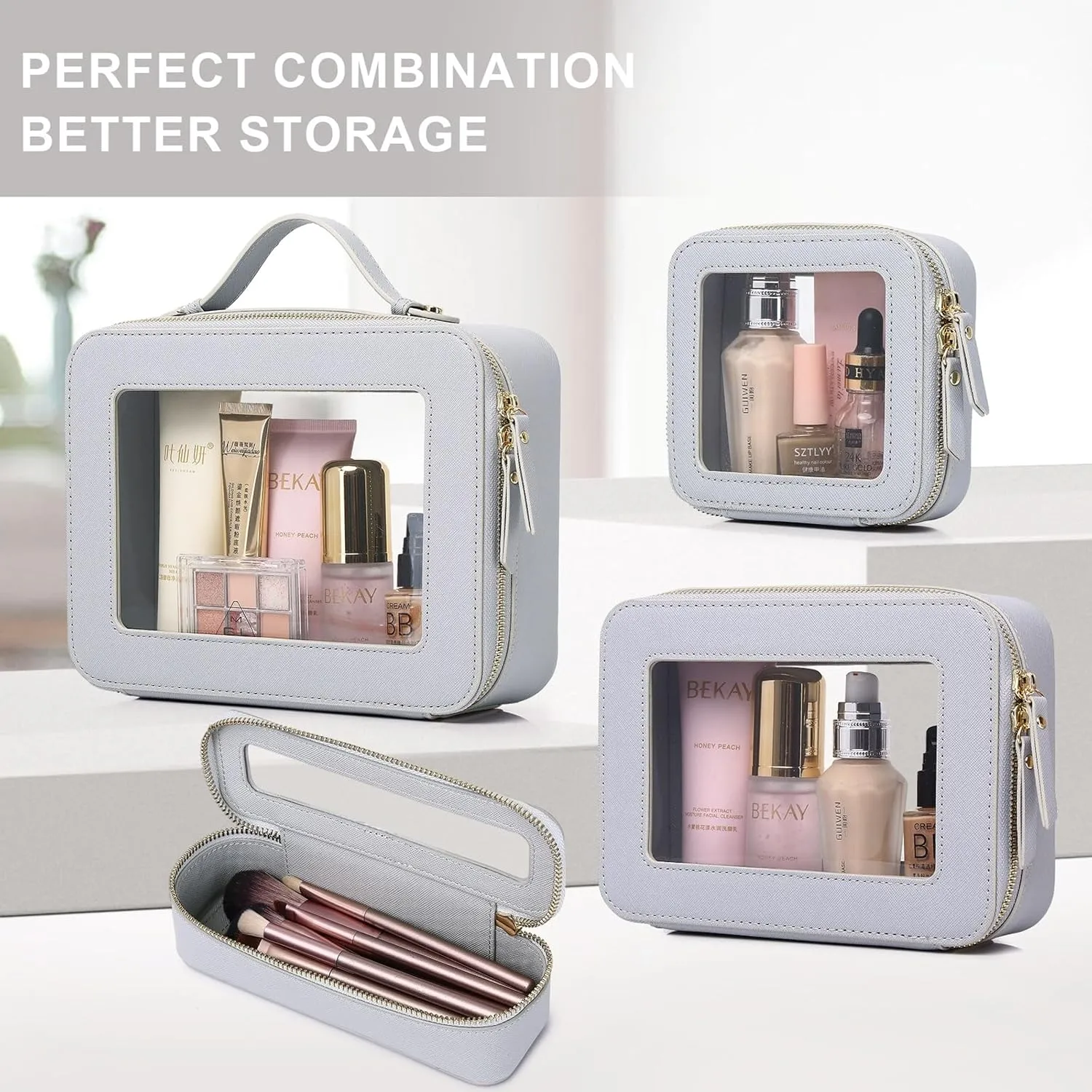 Clear Makeup Bag Waterproof Travel Case for Cosmetics and Toiletries Women's Purse Organizer and Clear Car Bag with Zipper (Gray, M MINI)