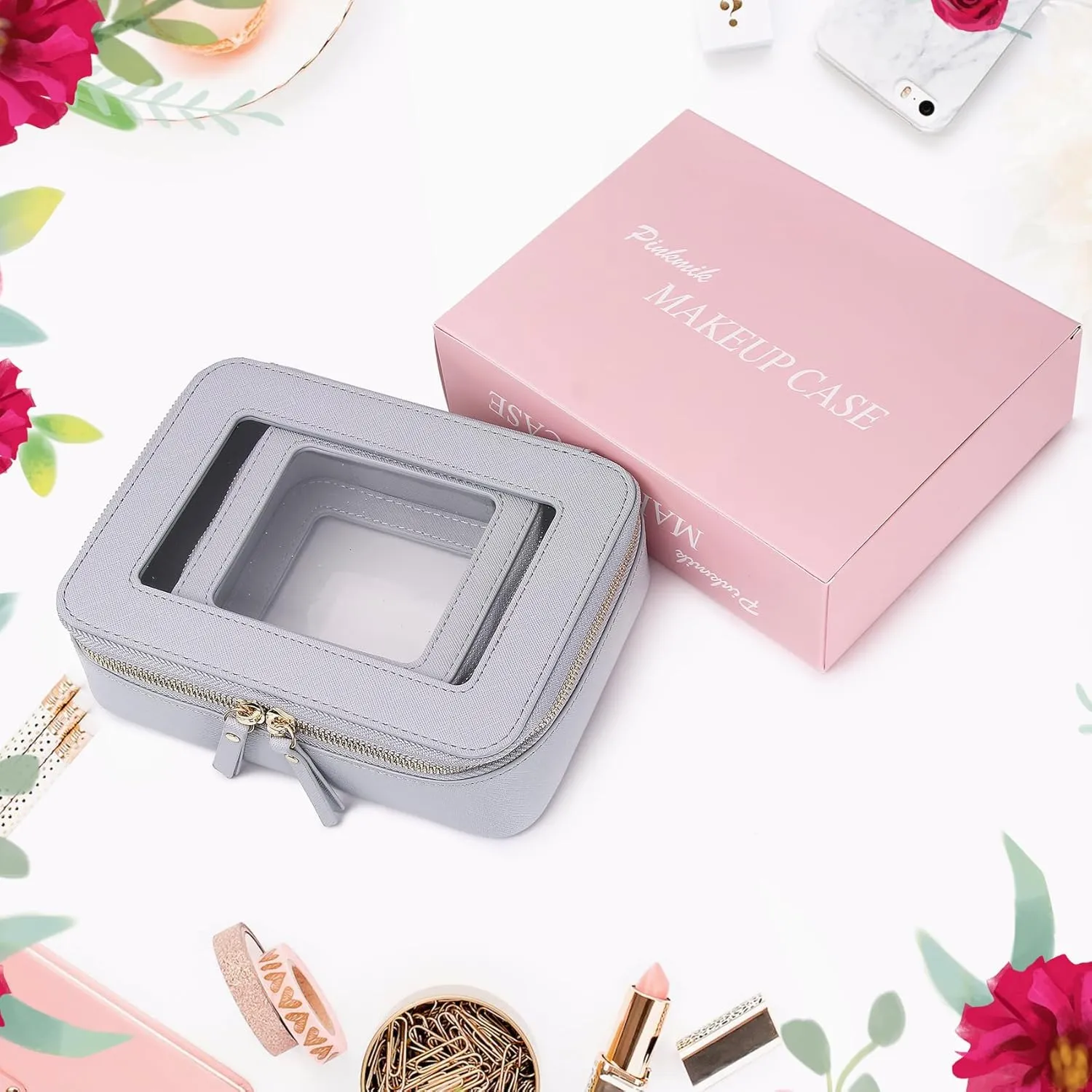 Clear Makeup Bag Waterproof Travel Case for Cosmetics and Toiletries Women's Purse Organizer and Clear Car Bag with Zipper (Gray, M MINI)