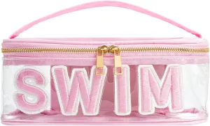 Clear Waterproof Summer SWIM Makeup Bag, Aesthetic Transparent Letter Patch Cosmetic Bag, Preppy Beach Pool Zipper Pouch, Summer Organizer Toiletry Bag for Women Girl Swimmer Gifts(04SWIM Pink)