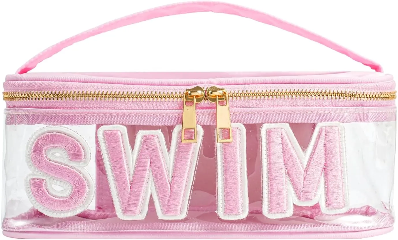 Clear Waterproof Summer SWIM Makeup Bag, Aesthetic Transparent Letter Patch Cosmetic Bag, Preppy Beach Pool Zipper Pouch, Summer Organizer Toiletry Bag for Women Girl Swimmer Gifts(04SWIM Pink)