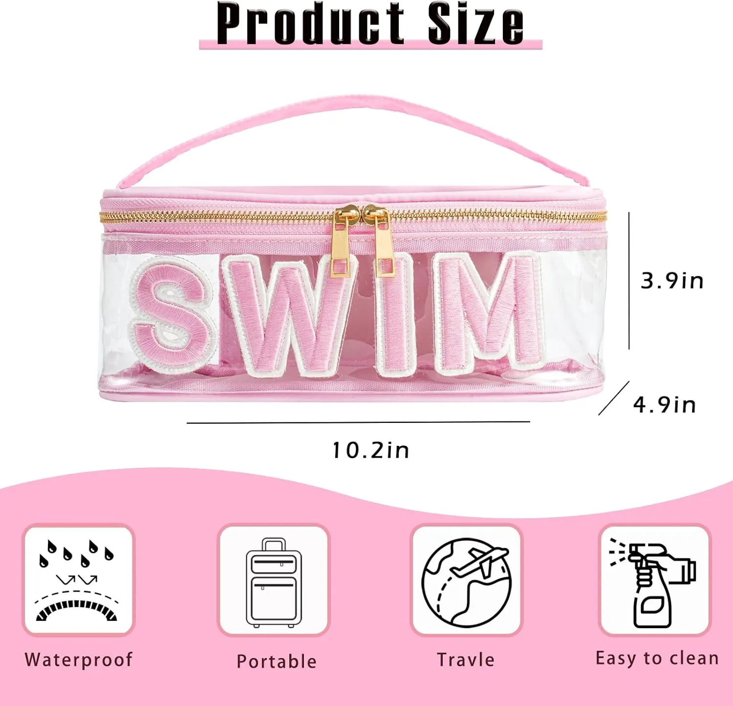 Clear Waterproof Summer SWIM Makeup Bag, Aesthetic Transparent Letter Patch Cosmetic Bag, Preppy Beach Pool Zipper Pouch, Summer Organizer Toiletry Bag for Women Girl Swimmer Gifts(04SWIM Pink)