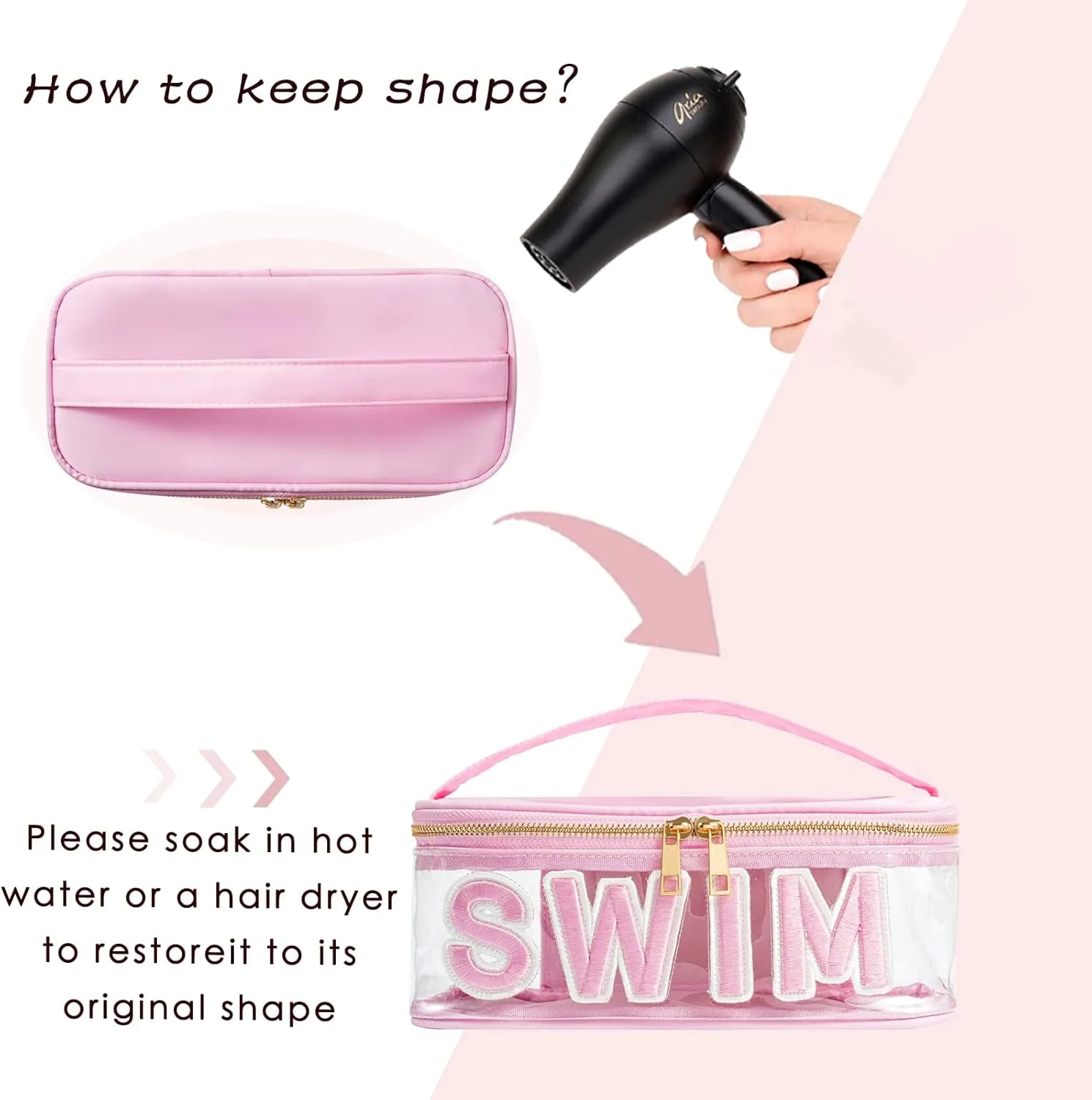 Clear Waterproof Summer SWIM Makeup Bag, Aesthetic Transparent Letter Patch Cosmetic Bag, Preppy Beach Pool Zipper Pouch, Summer Organizer Toiletry Bag for Women Girl Swimmer Gifts(04SWIM Pink)
