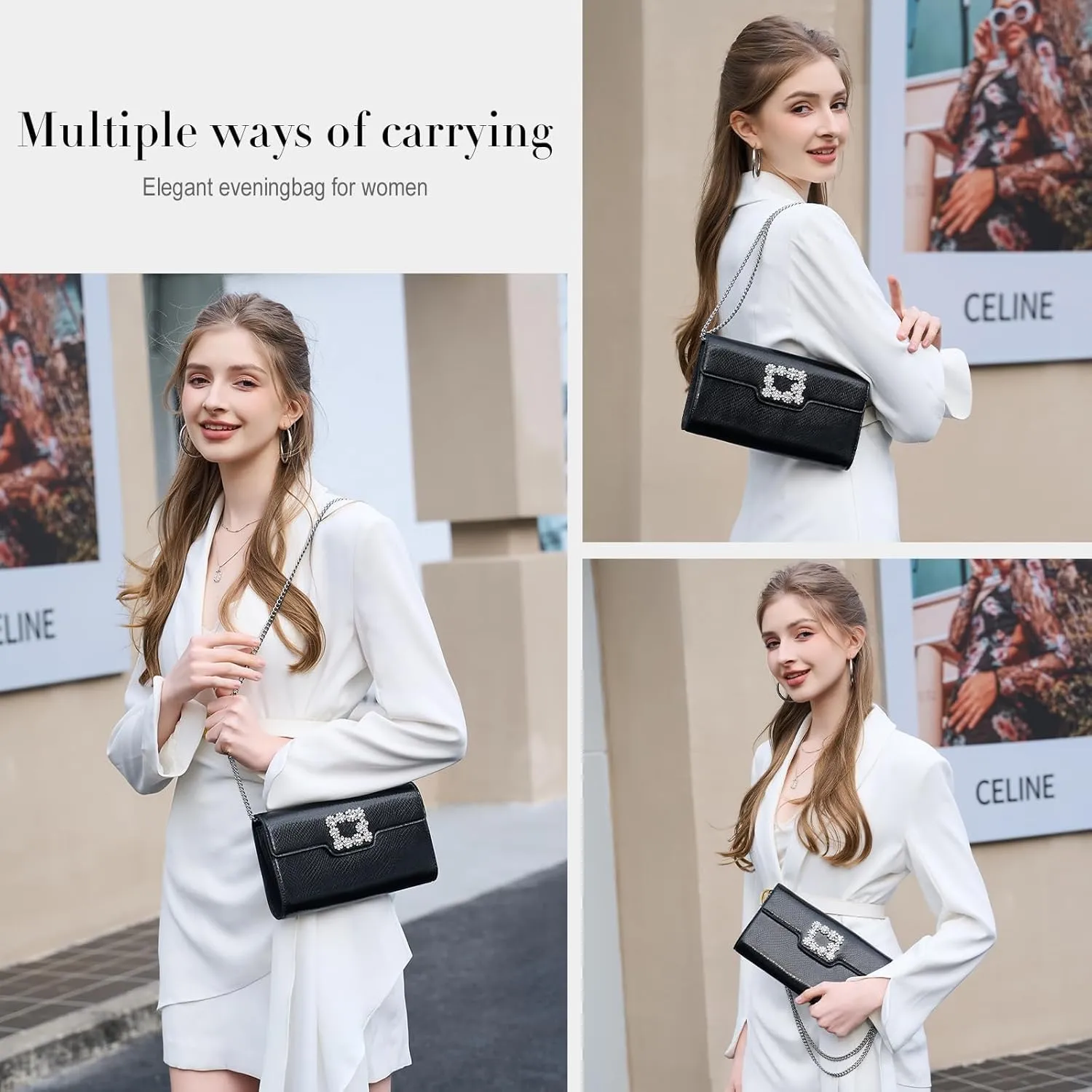 Clutch Purses for Women Dressy, Formal Evening Prom Bags Rhinestone Pu Leather Handbags for Wedding Party Cocktail