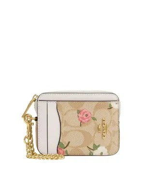 Coach Zip Card Case Signature Canvas With Floral Printed Light Khaki Chalk Multi