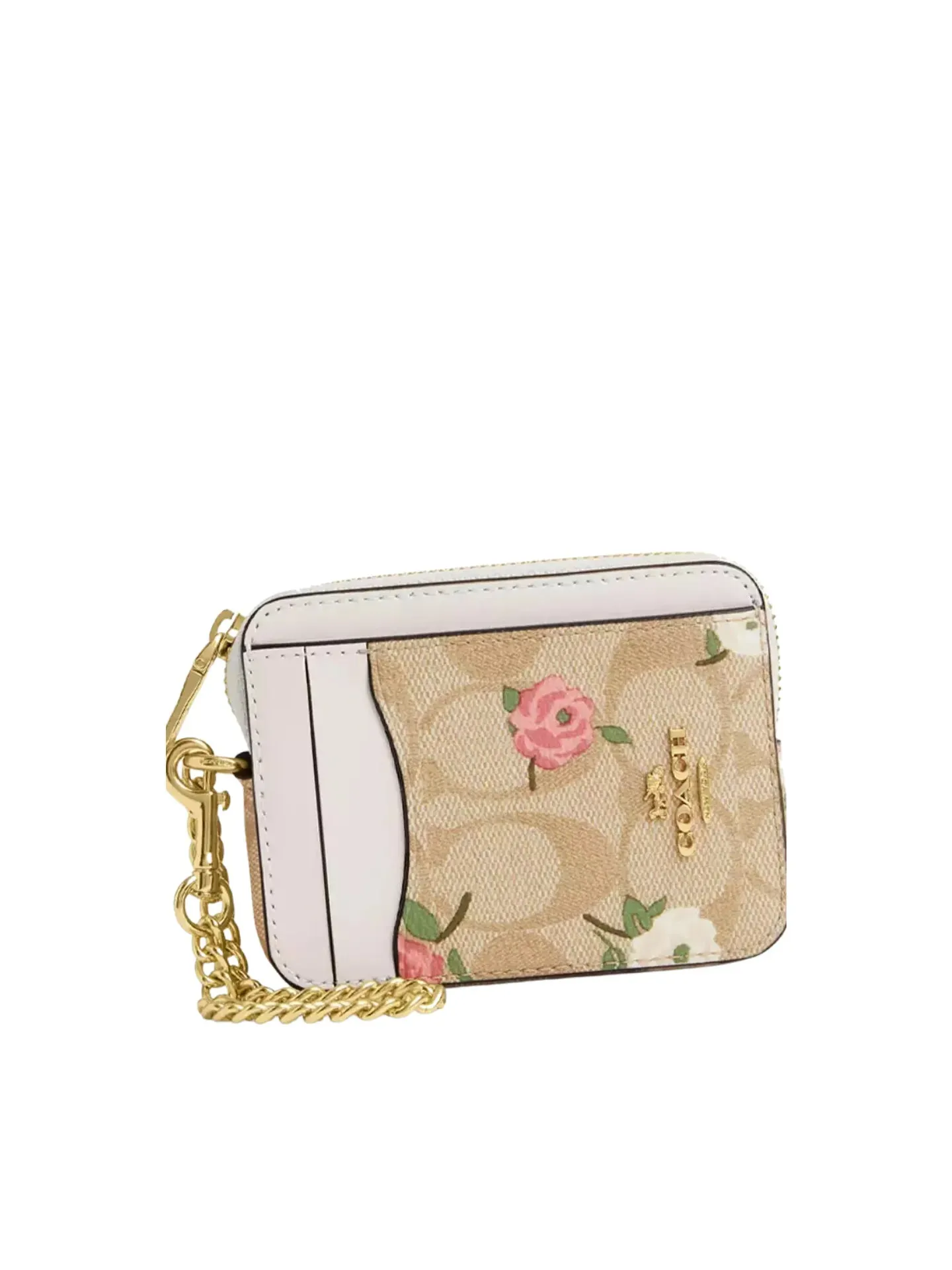 Coach Zip Card Case Signature Canvas With Floral Printed Light Khaki Chalk Multi