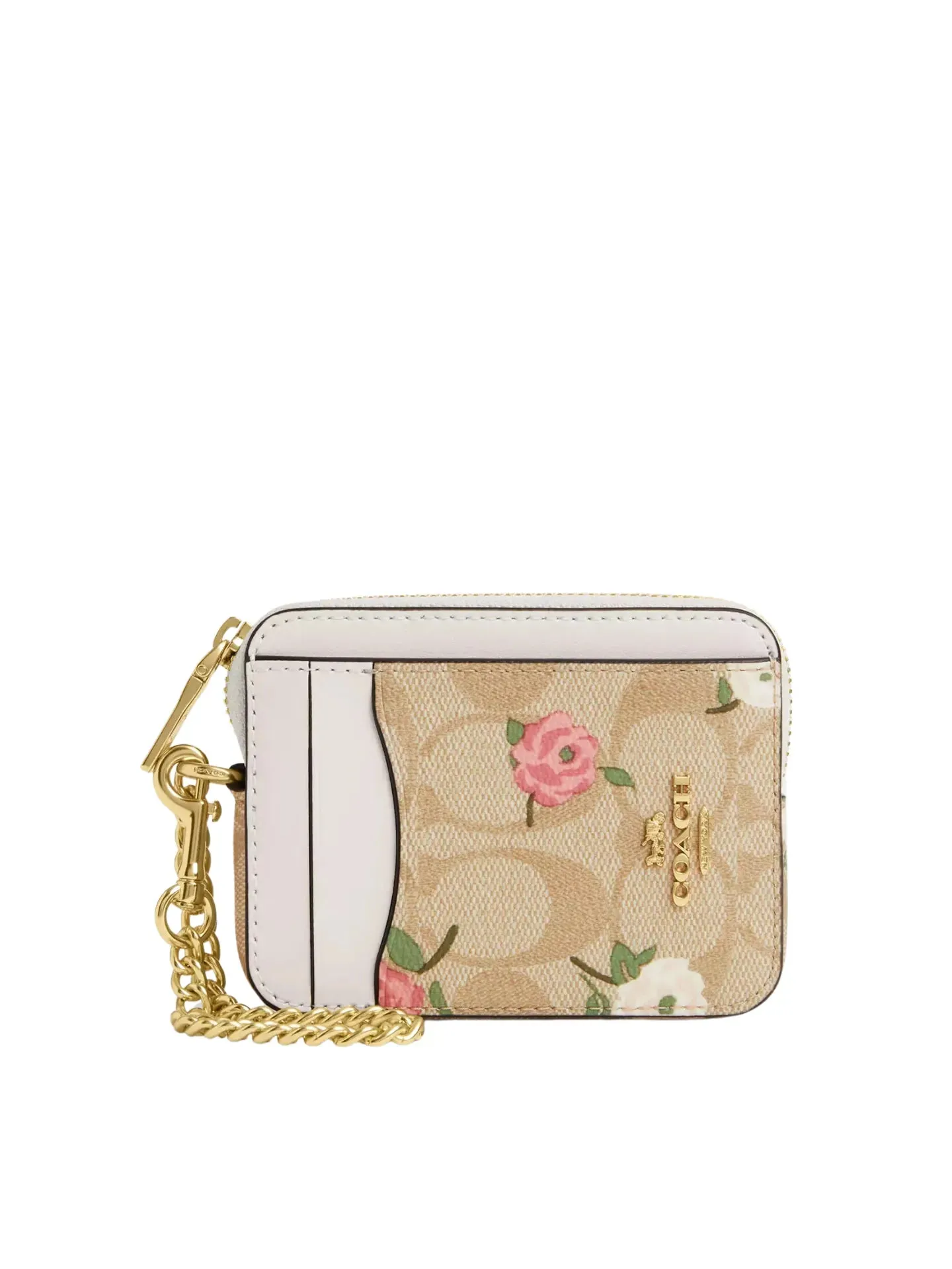 Coach Zip Card Case Signature Canvas With Floral Printed Light Khaki Chalk Multi
