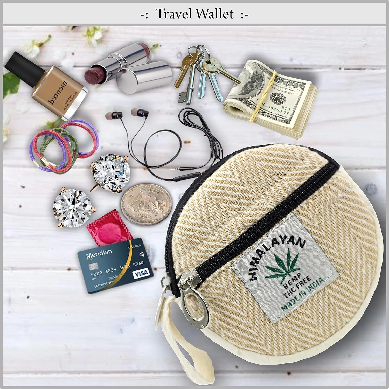 Coin Purse For Women Handmade Hemp Coin Pouch Eco friendly Hippie Boho Wallet Earphone holder (Beige)