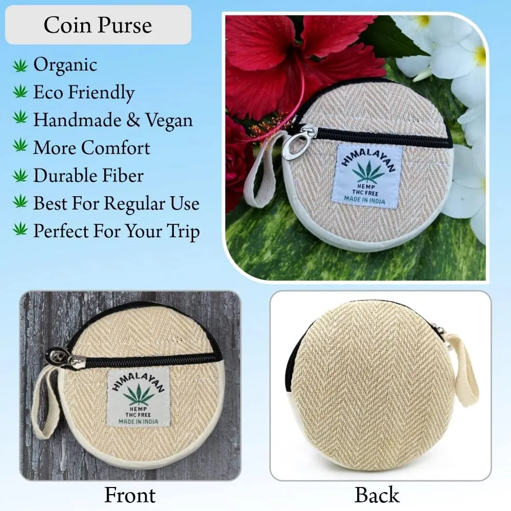 Coin Purse For Women Handmade Hemp Coin Pouch Eco friendly Hippie Boho Wallet Earphone holder (Beige)