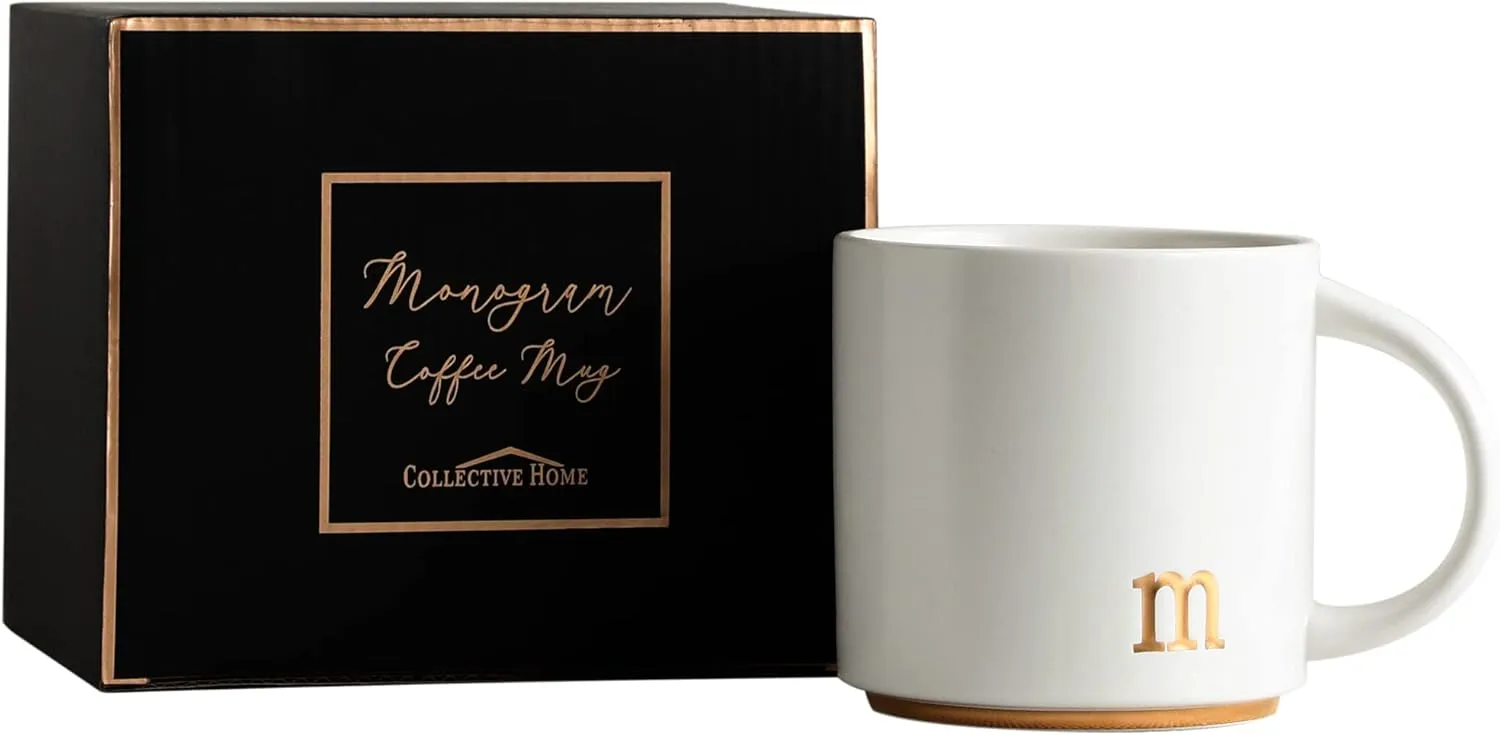 COLLECTIVE HOME - Monogram Ceramic Mugs, 15 oz Golden Initial Coffee Cups, Elegant Alphabet Tea Mugs, Elegant Personalized Mug with Gift Box, Luxurious Cups for Office and Home (m)