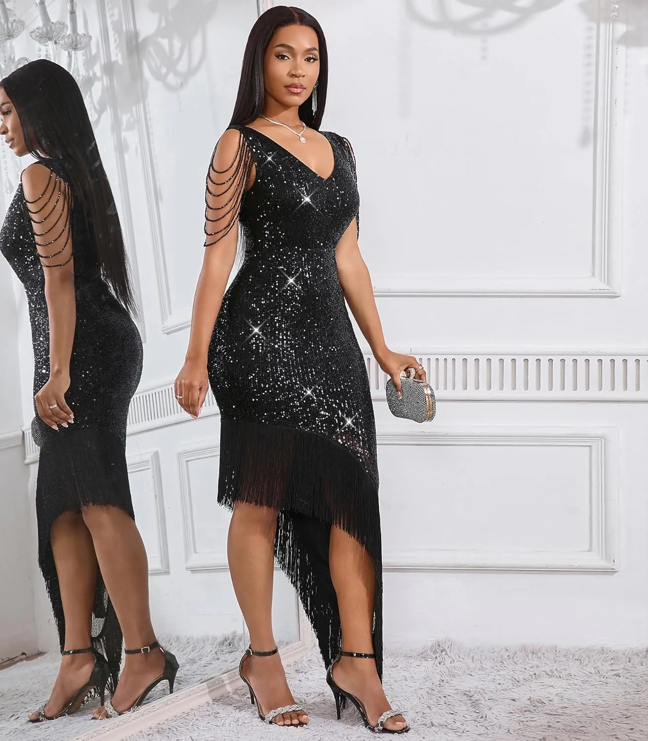 Cololura Women Sexy Elegant Sequin V Neck Tassel Mermaid Bodycon Formal Party Gowns Evening Maxi Dress