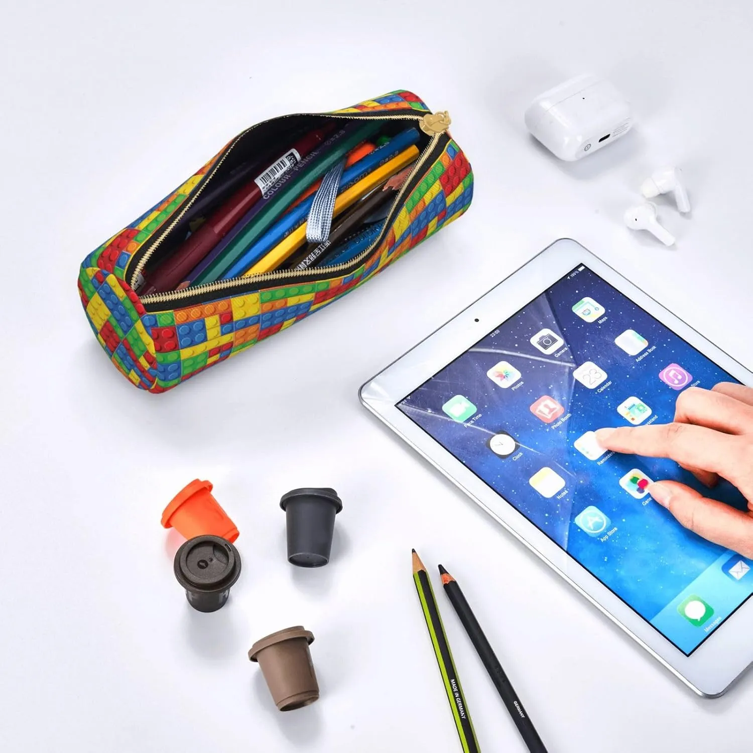 Colorful Bricks Leather Pencil Case Zipper Pen Makeup Cosmetic Holder Pouch Stationery Bag For School, Work, Office