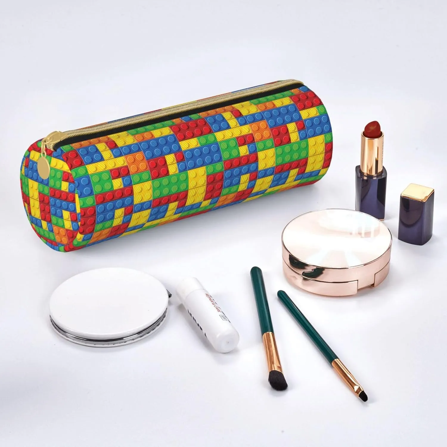 Colorful Bricks Leather Pencil Case Zipper Pen Makeup Cosmetic Holder Pouch Stationery Bag For School, Work, Office