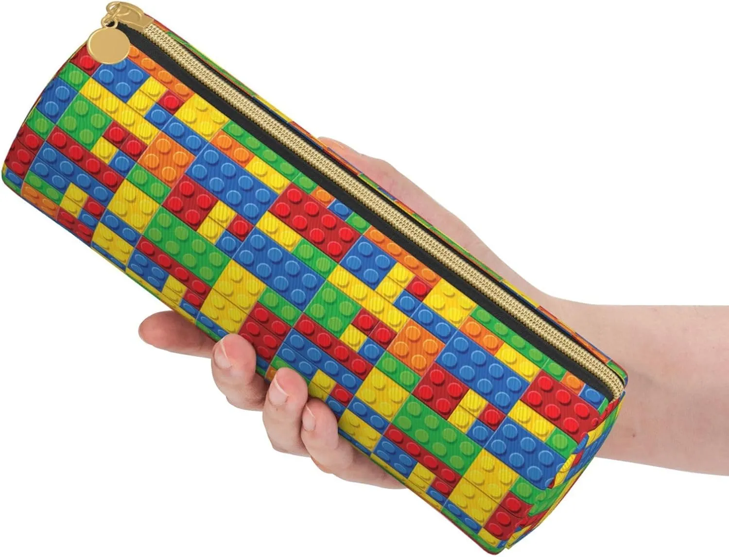 Colorful Bricks Leather Pencil Case Zipper Pen Makeup Cosmetic Holder Pouch Stationery Bag For School, Work, Office