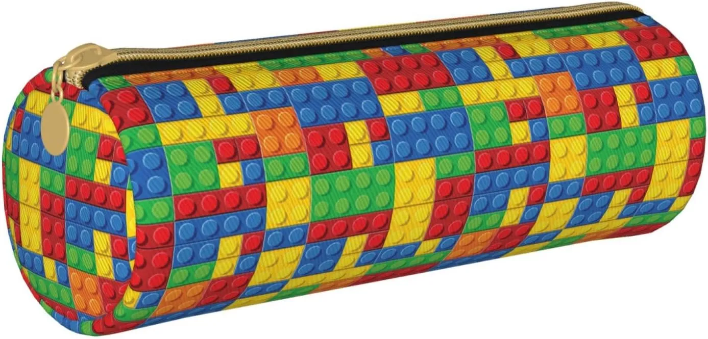 Colorful Bricks Leather Pencil Case Zipper Pen Makeup Cosmetic Holder Pouch Stationery Bag For School, Work, Office
