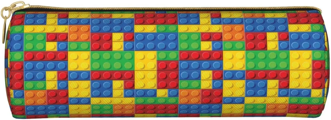 Colorful Bricks Leather Pencil Case Zipper Pen Makeup Cosmetic Holder Pouch Stationery Bag For School, Work, Office