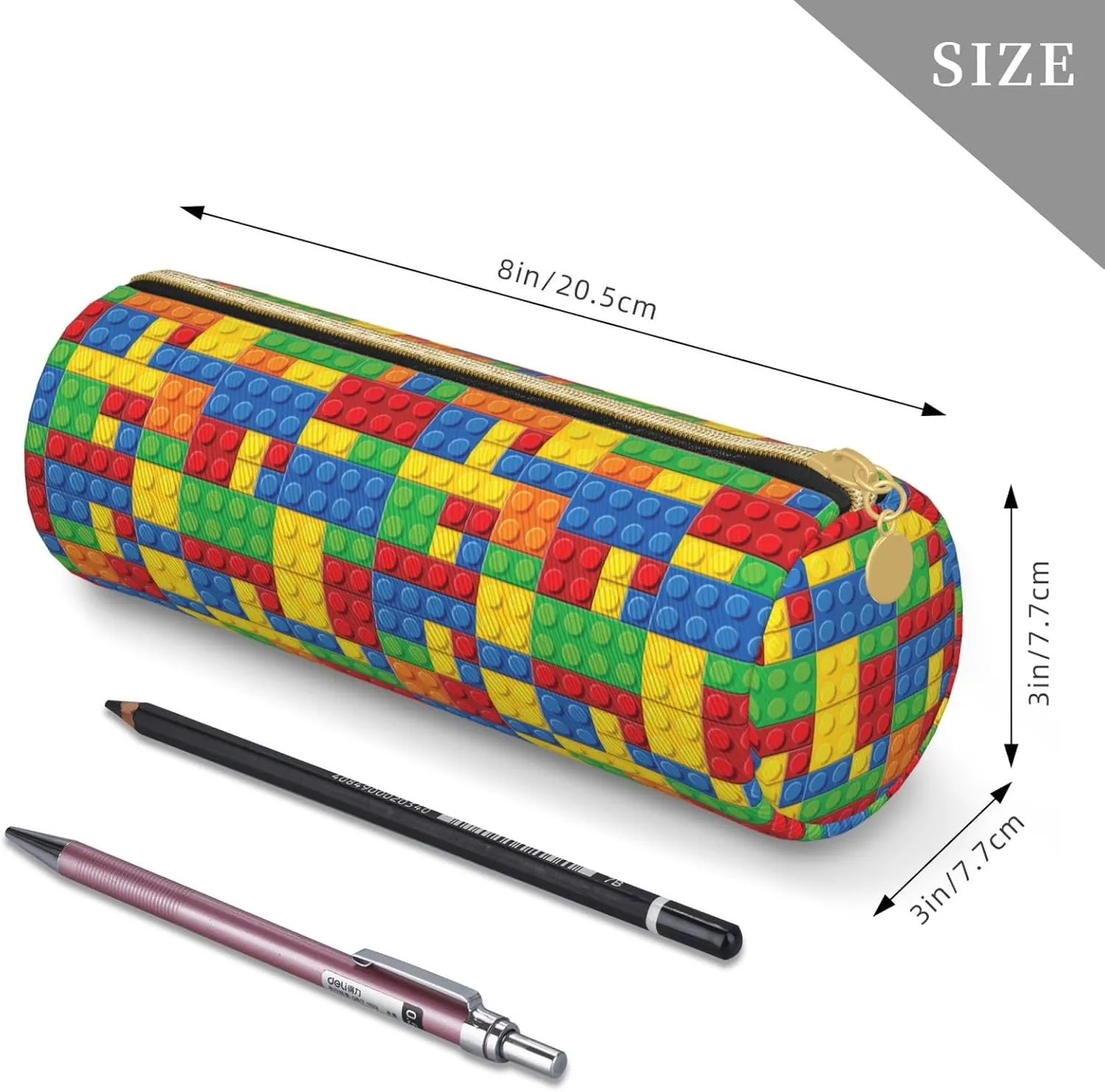 Colorful Bricks Leather Pencil Case Zipper Pen Makeup Cosmetic Holder Pouch Stationery Bag For School, Work, Office