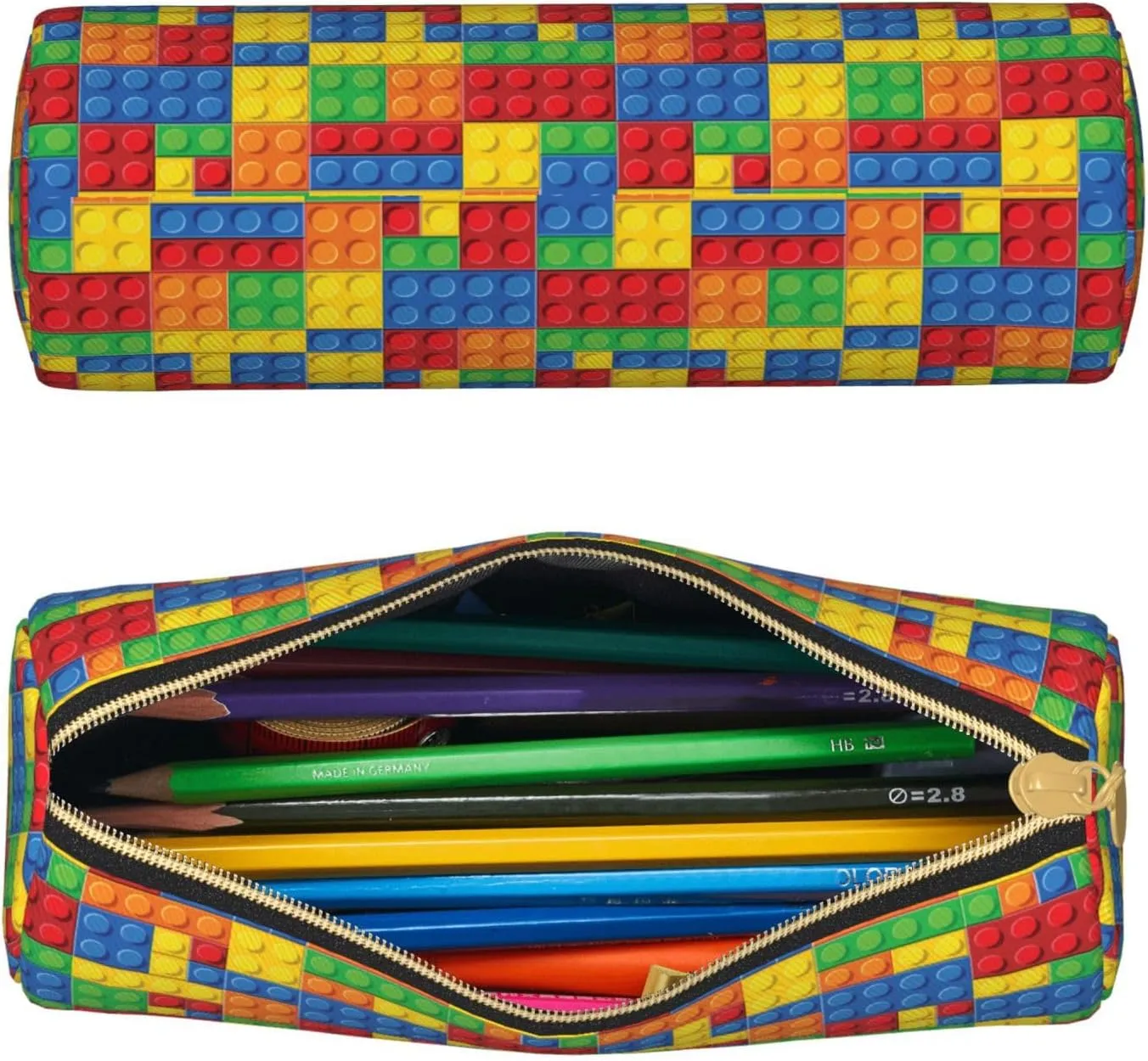 Colorful Bricks Leather Pencil Case Zipper Pen Makeup Cosmetic Holder Pouch Stationery Bag For School, Work, Office