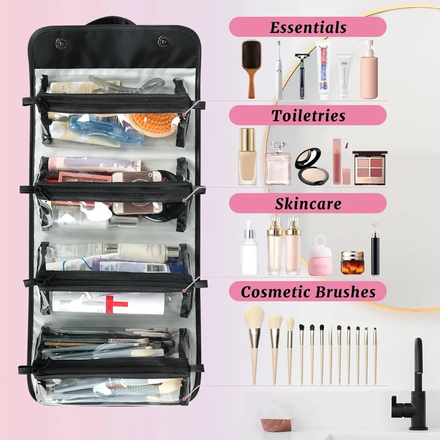Colorful Fish Swimming Toiletry Bag Water Proof Travel Makeup Case Large Capacity 4 in 1 Foldable Cosmetics Storage for Women Men Removable Zipper Clear PVC Pockets