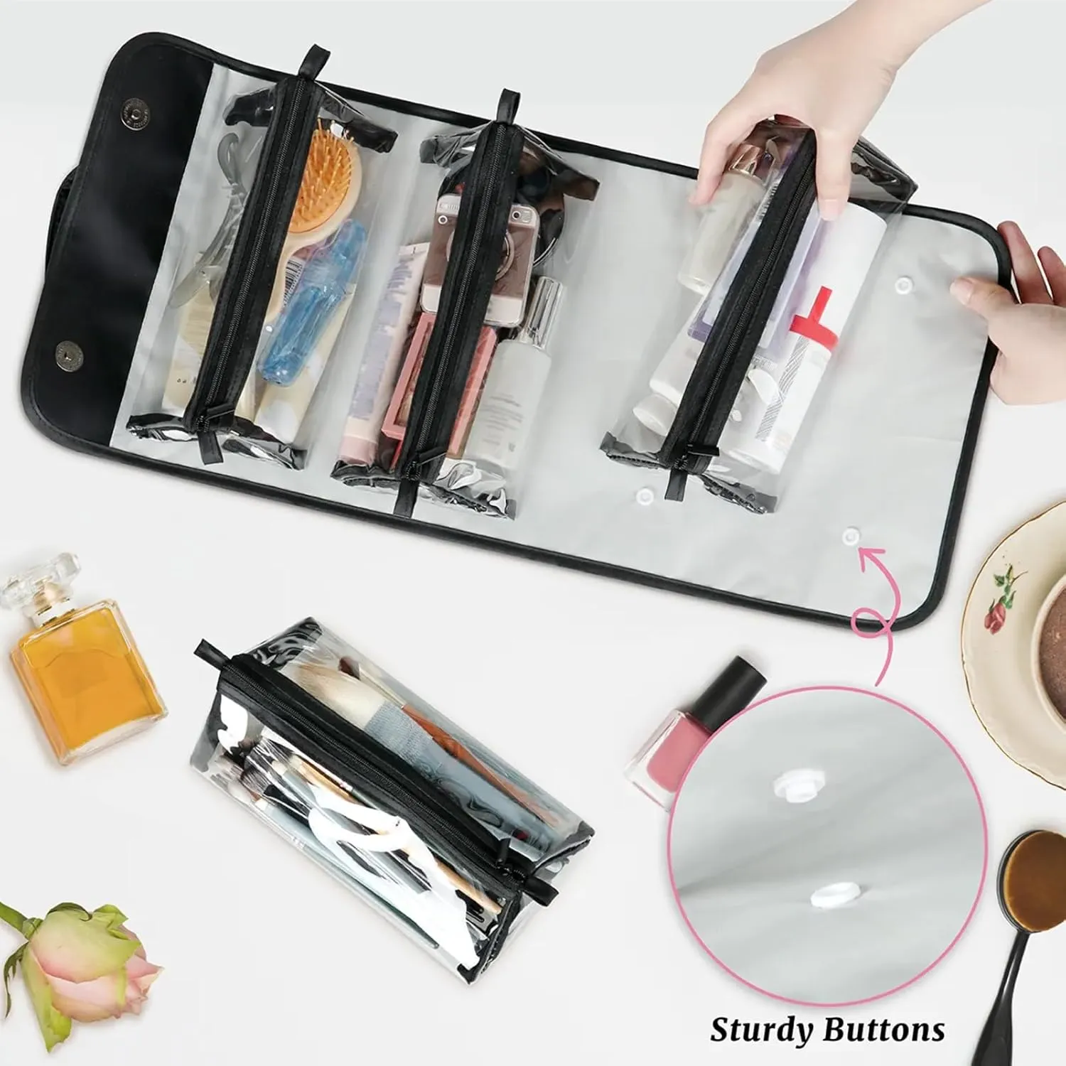 Colorful Fish Swimming Toiletry Bag Water Proof Travel Makeup Case Large Capacity 4 in 1 Foldable Cosmetics Storage for Women Men Removable Zipper Clear PVC Pockets