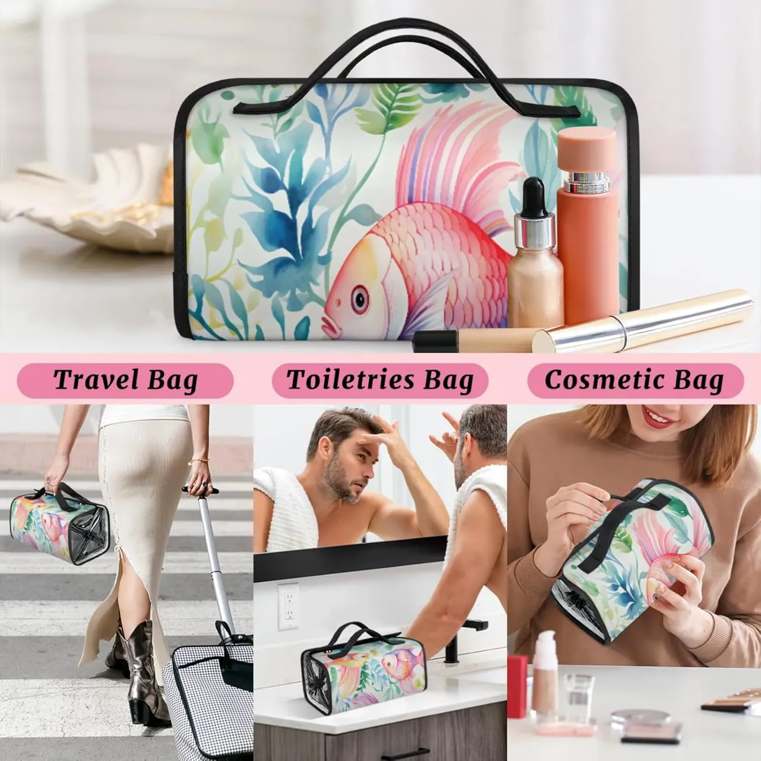 Colorful Fish Swimming Toiletry Bag Water Proof Travel Makeup Case Large Capacity 4 in 1 Foldable Cosmetics Storage for Women Men Removable Zipper Clear PVC Pockets