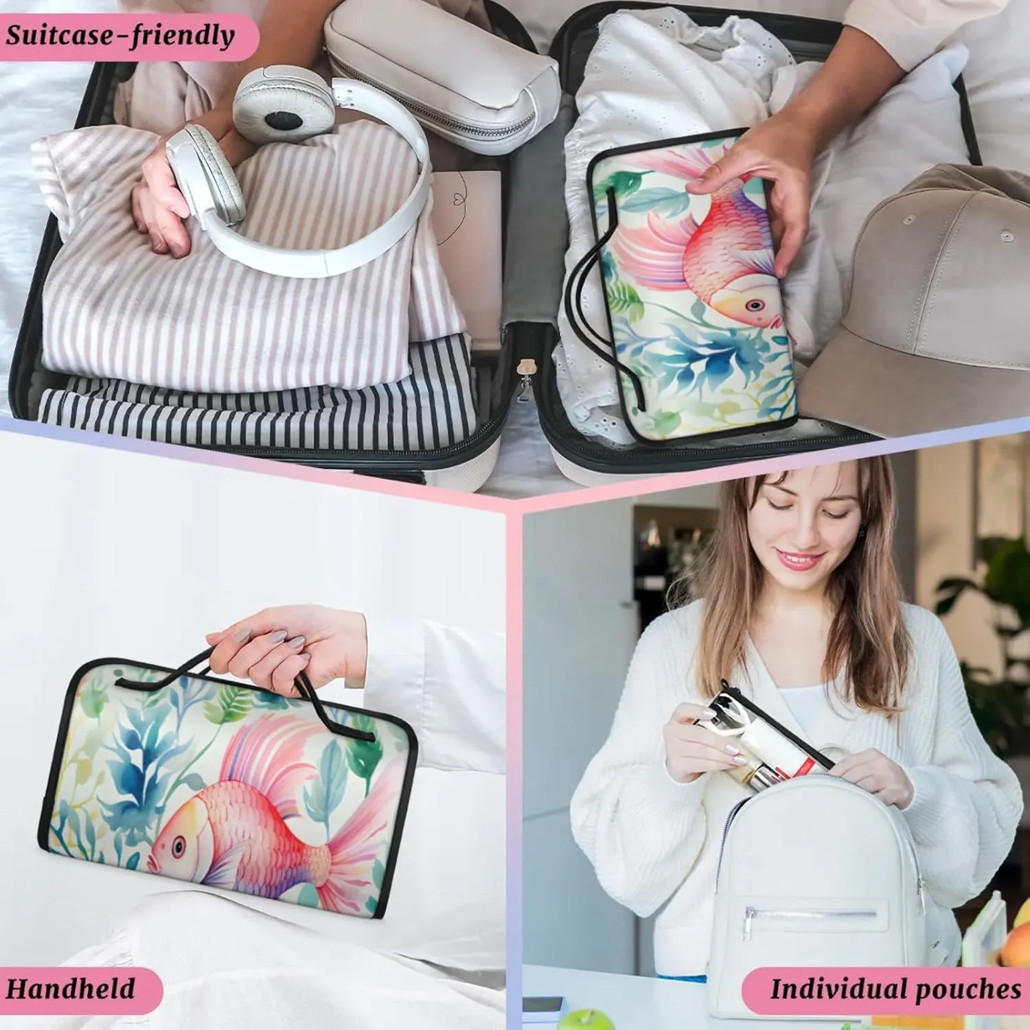 Colorful Fish Swimming Toiletry Bag Water Proof Travel Makeup Case Large Capacity 4 in 1 Foldable Cosmetics Storage for Women Men Removable Zipper Clear PVC Pockets