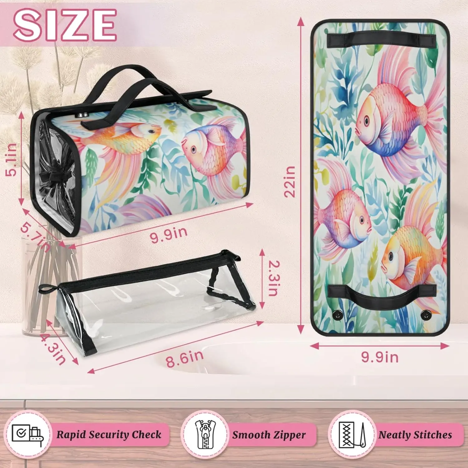 Colorful Fish Swimming Toiletry Bag Water Proof Travel Makeup Case Large Capacity 4 in 1 Foldable Cosmetics Storage for Women Men Removable Zipper Clear PVC Pockets