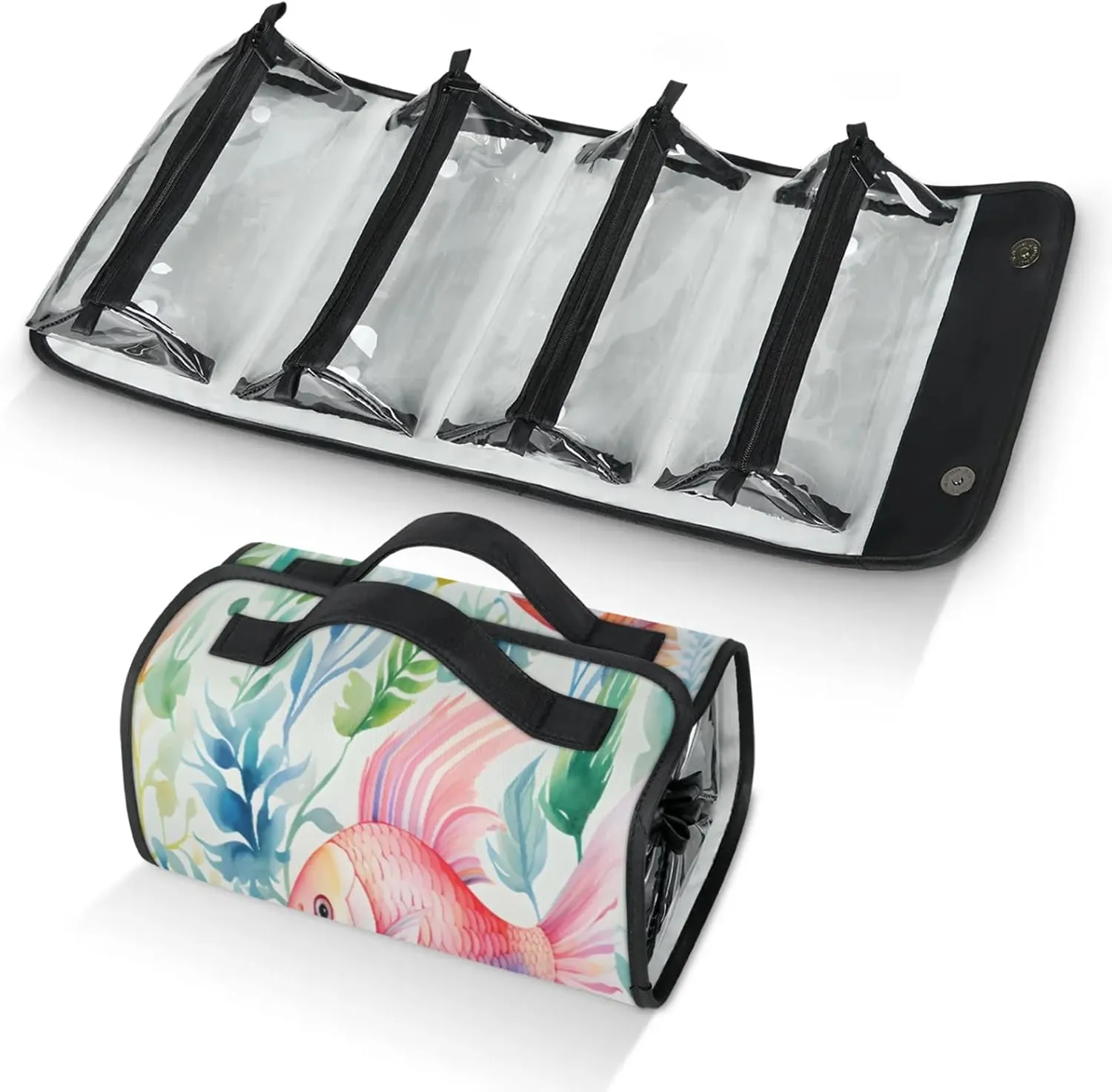 Colorful Fish Swimming Toiletry Bag Water Proof Travel Makeup Case Large Capacity 4 in 1 Foldable Cosmetics Storage for Women Men Removable Zipper Clear PVC Pockets