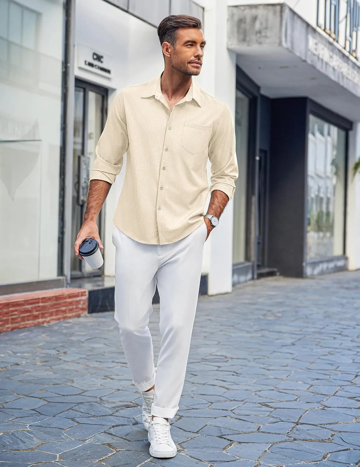 COOFANDY Men's Casual Button Down Shirts Long Sleeve Untucked Shirts Regular Fit Linen Shirt