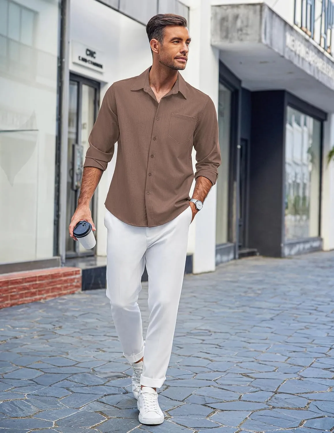 COOFANDY Men's Casual Button Down Shirts Long Sleeve Untucked Shirts Regular Fit Linen Shirt