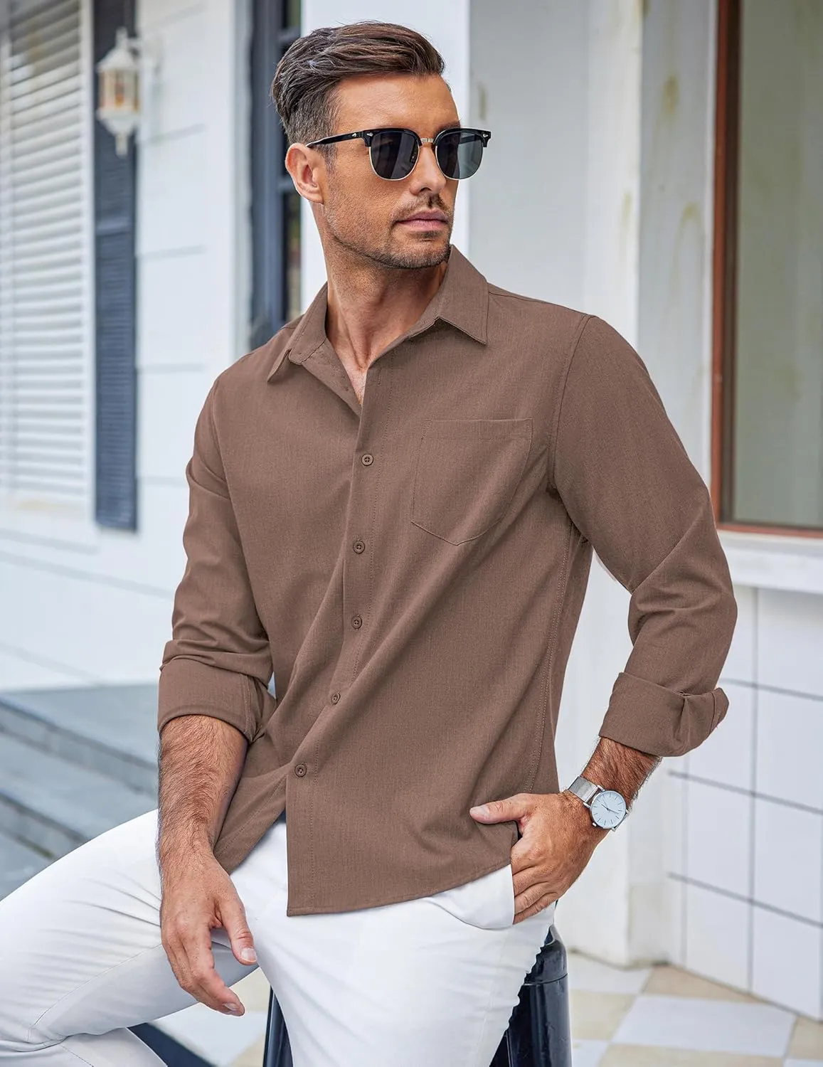 COOFANDY Men's Casual Button Down Shirts Long Sleeve Untucked Shirts Regular Fit Linen Shirt