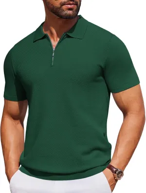 COOFANDY Mens Casual Quarter Zipper Knit Polo Shirts Short Sleeve Summer Beach Shirt Textured Jersey Tops
