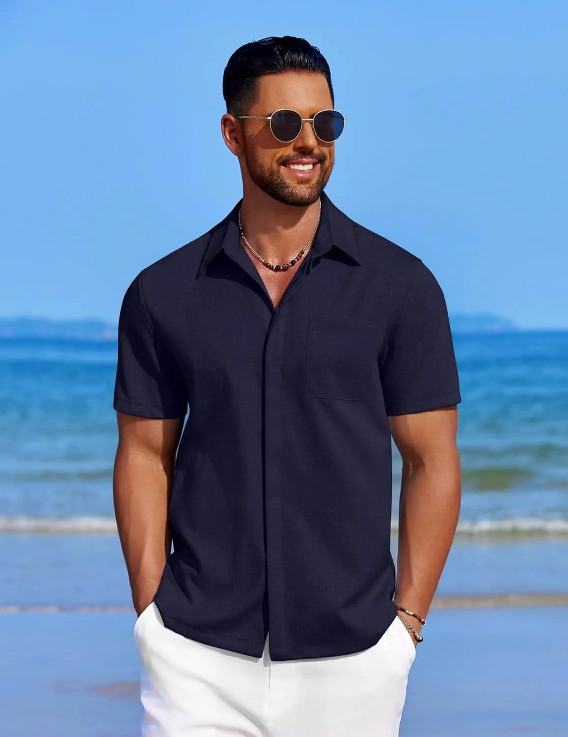 COOFANDY Mens Linen Shirt Casual Short Sleeve Button Down Shirt Summer Beach Vacation Wedding Wear