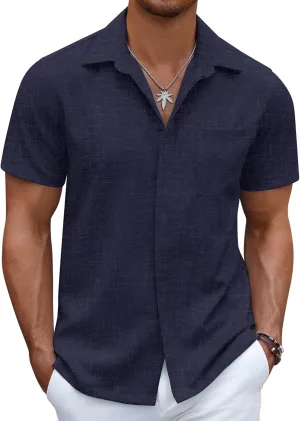 COOFANDY Mens Linen Shirt Casual Short Sleeve Button Down Shirt Summer Beach Vacation Wedding Wear