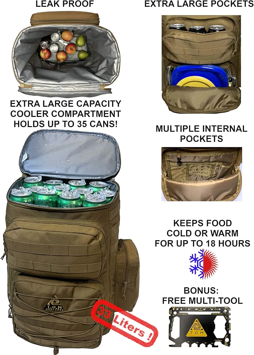 Cooler Backpack, Tactical, Insulated. Heavy Duty, Extra Large, Leak Proof for Hiking, Camping, Beach. Bonus, Credit Card Multi Tool Included