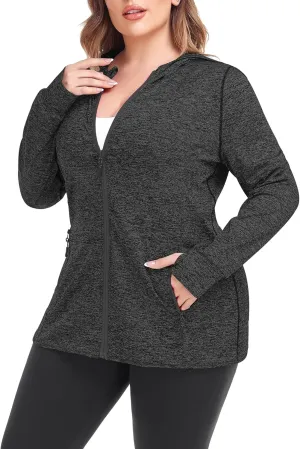 COOTRY Womens Plus Size Workout Jackets Full Zip Up Lightweight Athletic Running Hoodies with Thumb Holes