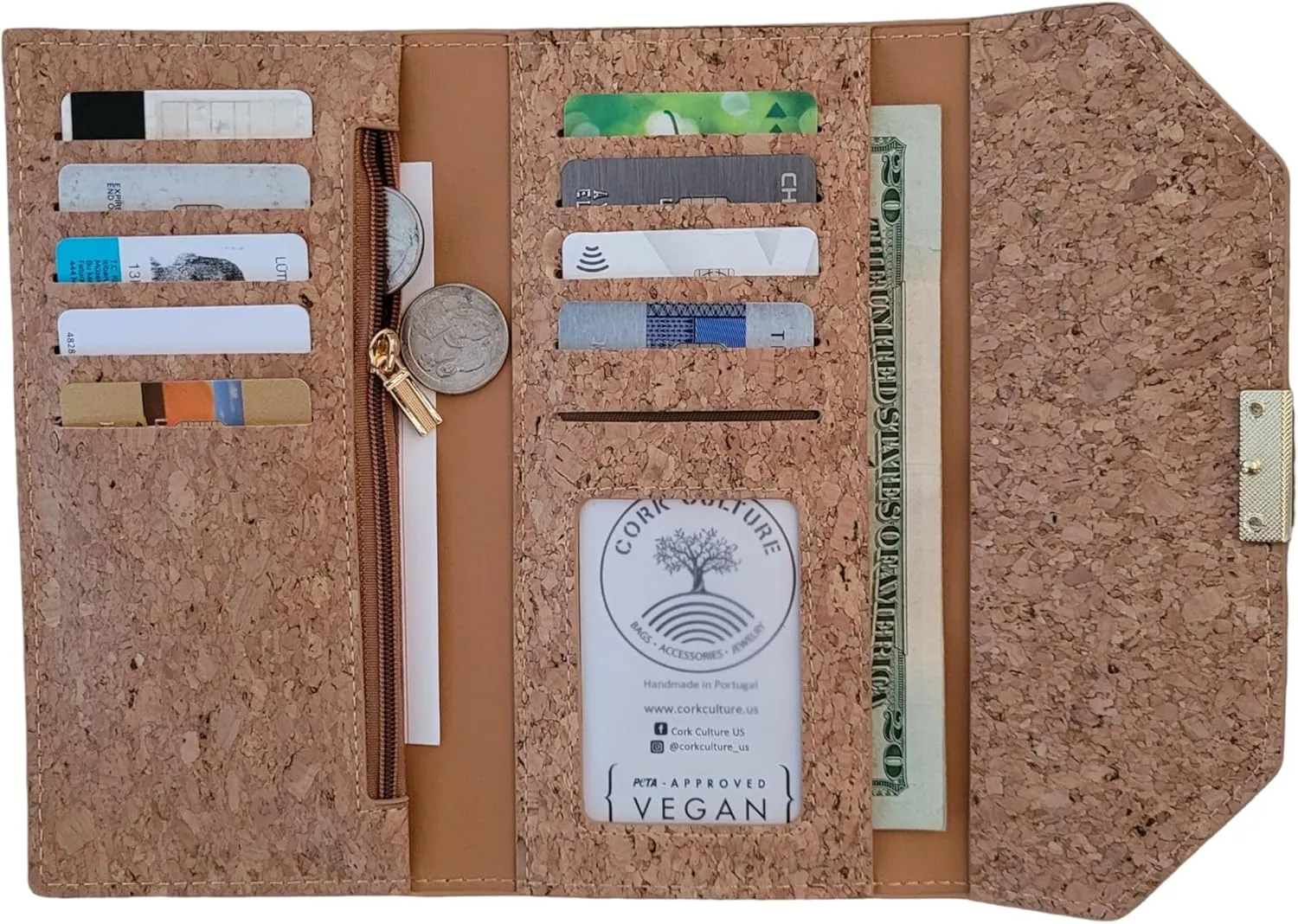 Cork RFID Threefold Wallet Natural Cork zipper women wallet purse Eco Friendly Gift Vegan pouch (Natural cork)