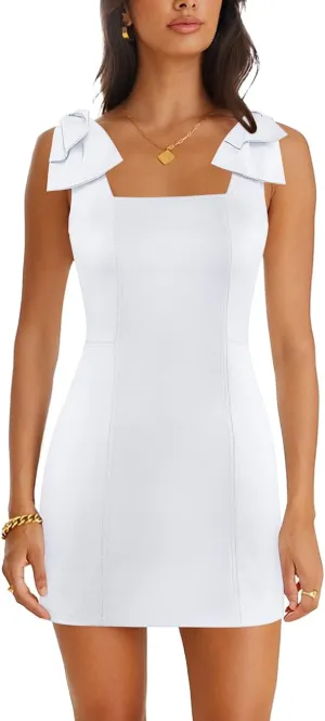 Cosonsen Women's Party Dress 2025 Square Neck Bow Strap Mini Sheath Dresses