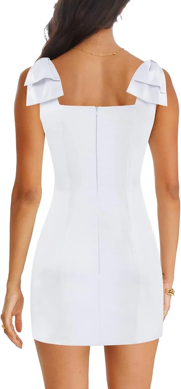 Cosonsen Women's Party Dress 2025 Square Neck Bow Strap Mini Sheath Dresses