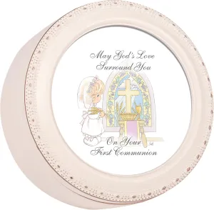 Cottage Garden Precious Moments 1St Communion Girl Ivory Tiny Round Treasure Box