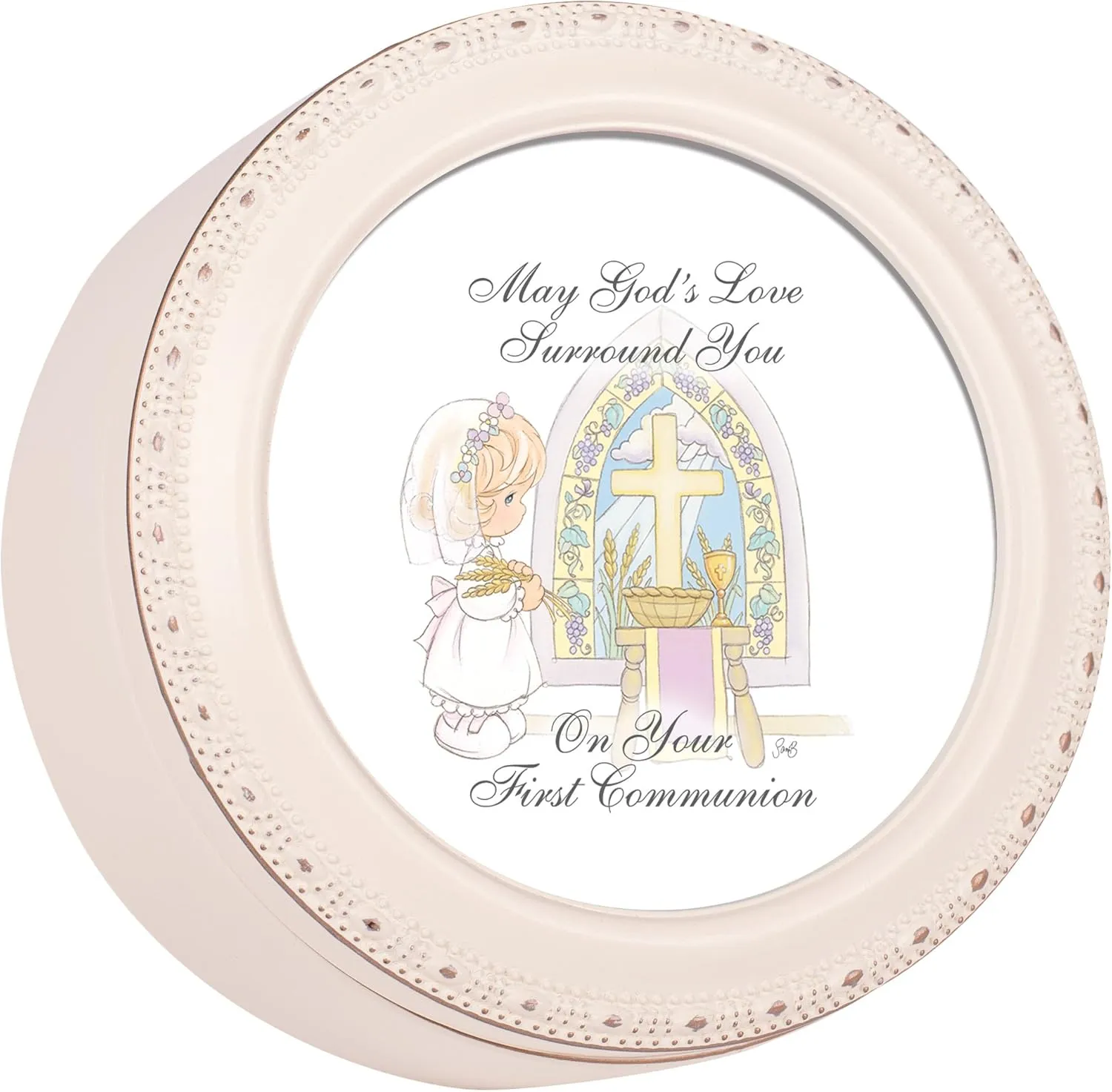 Cottage Garden Precious Moments 1St Communion Girl Ivory Tiny Round Treasure Box