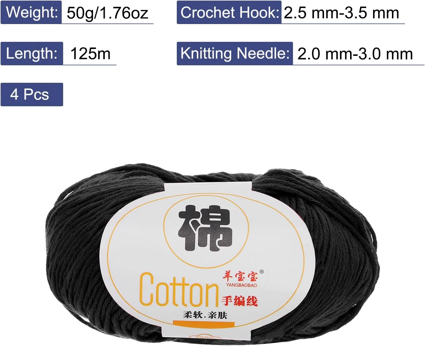 Cotton Yarn,100% Cotton Soft Knitting Yarn [for Hand DIY Bag Cushion Crocheting Knitting Project Home Decor] -4 Packages of 200g/7.05oz(Per Skein 50g/137yards)/Black